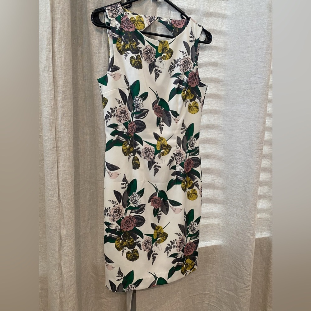 Ivory floral satin fitted dress with beaded detail. Size 6